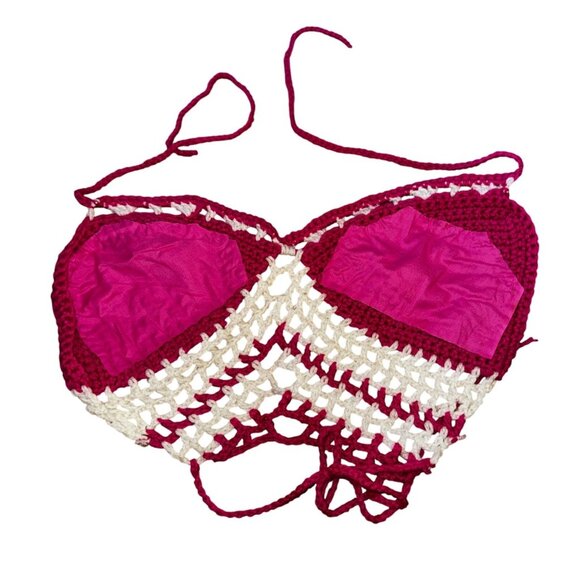 Handmade Crochet Bikini Set Pink & White Halter Top Knit Sexy Swimsuit Large Hot - Picture 6 of 7